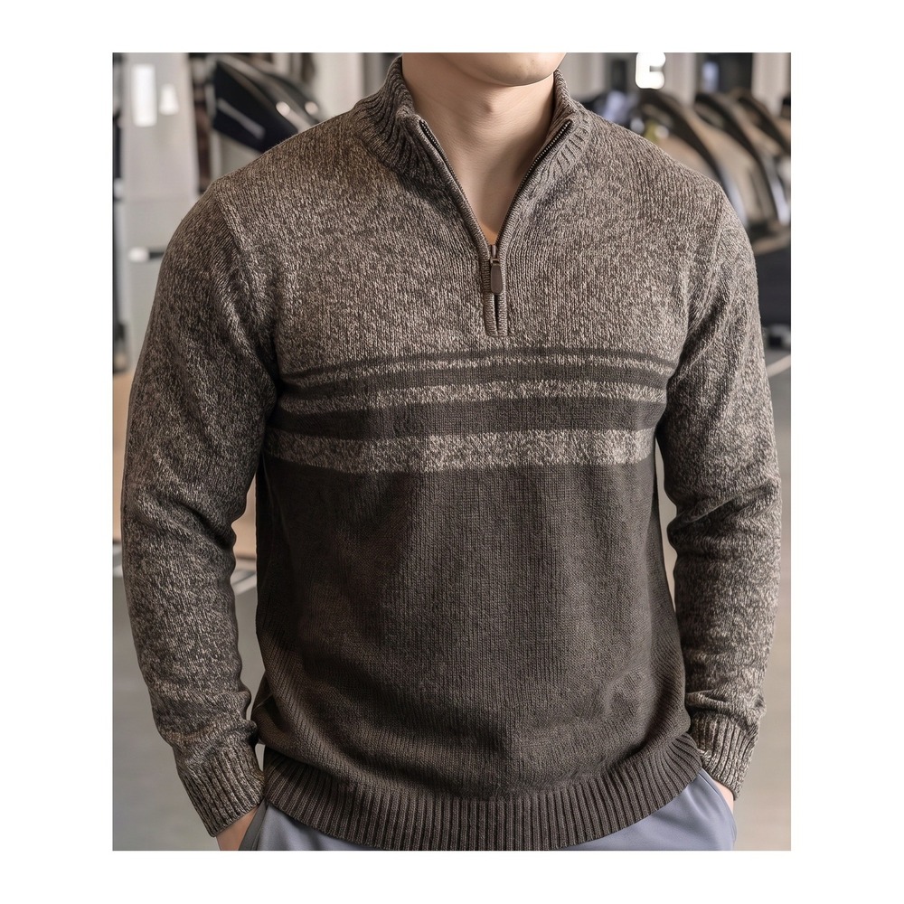 Eddie Bauer Quarter Zip Sweater Large Mens Brown Striped Cotton Pullover